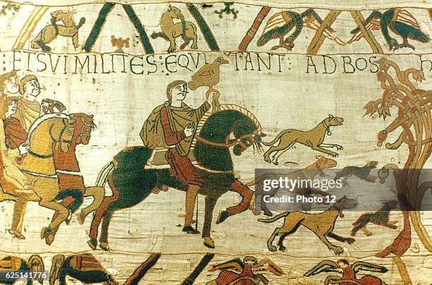 Bayeux Tapestry. Harold Godwinson, Earl of Wessex , holding hawk, riding to Bosham for hunting and sea fishing.