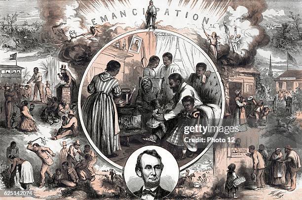 Thomas Nast, American school. Celebration of the emancipation of Southern slaves at the end of the American Civil War. Centre: A freedman's home....