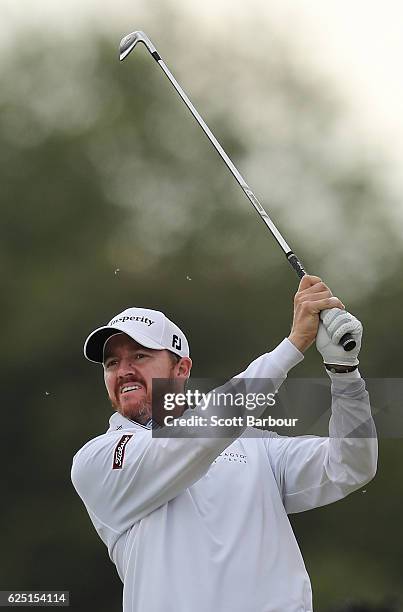 Jimmy Walker of the United States plays a shot on Pro-Am Day ahead of the World Cup of Golf at Kingston Heath Golf Club on November 23, 2016 in...