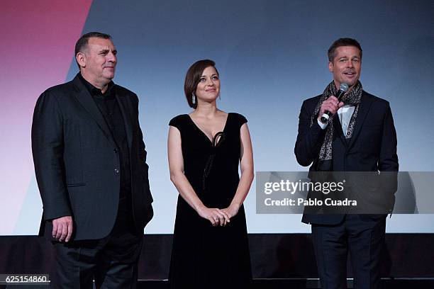 Productor Graham King, Actress Marion Cotillard and Actor Brad Pitt attend the Madrid premiere of the Paramount Pictures title 'Allied' at Callao...