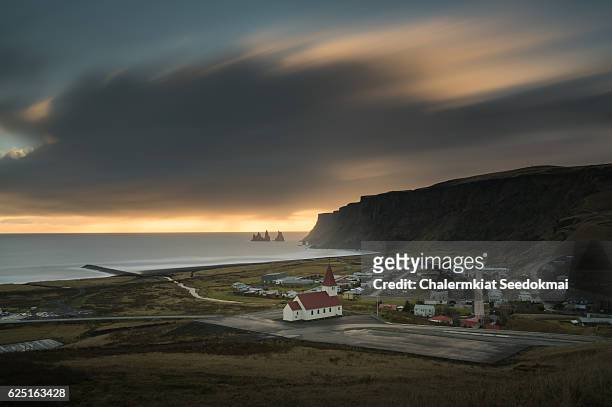 top view of vik, iceland - town of the gods stock pictures, royalty-free photos & images