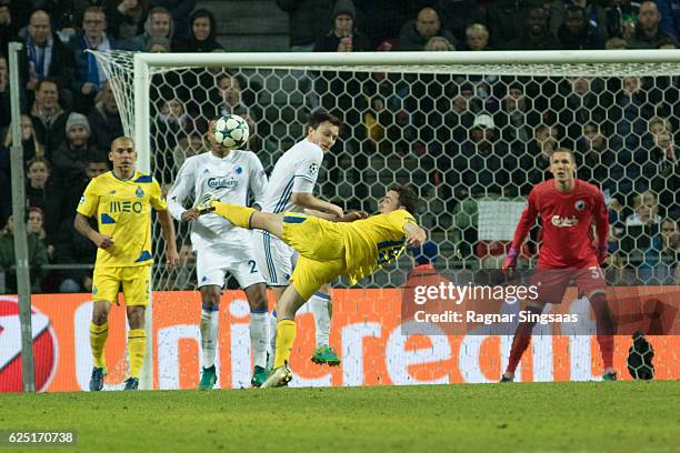 Diogo Jota of FC Porto in action during the UEFA Champions League group stage match between FC Copenhagen and FC Porto at Parken Stadium on November...