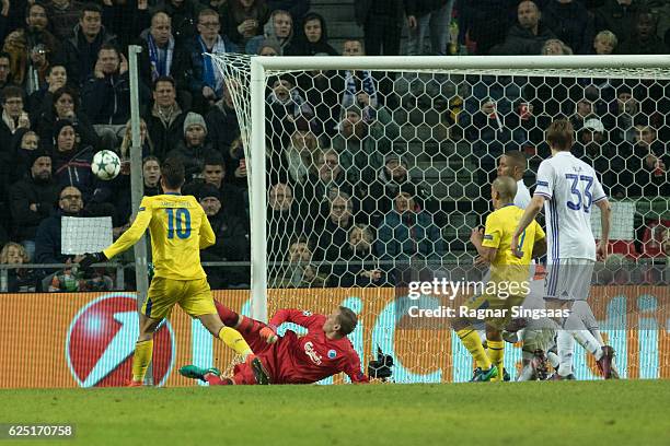 Andre Silva of FC Porto and Robin Olsen of FC Copenhagen in action during the UEFA Champions League group stage match between FC Copenhagen and FC...