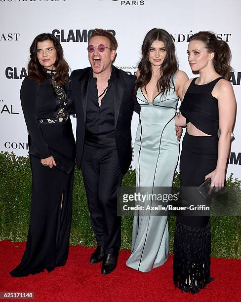 Alison Hewson, honoree/singer Bono, actress Eve Hewson, and Jordan Hewson arrive at Glamour Women of the Year 2016 at NeueHouse Hollywood on November...