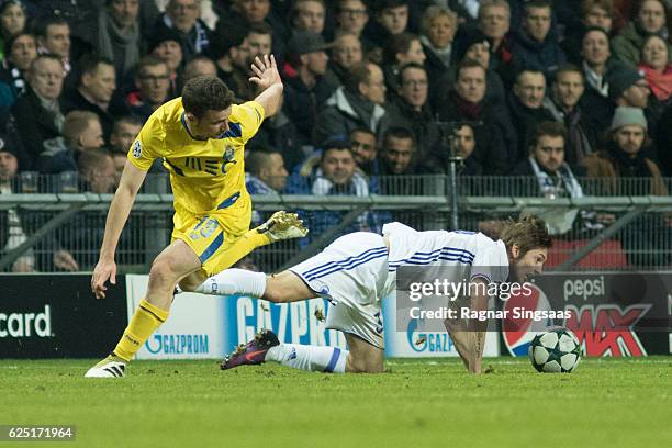 Diogo Jota of FC Porto and Rasmus Falk of FC Copenhagen compete for the ball during the UEFA Champions League group stage match between FC Copenhagen...