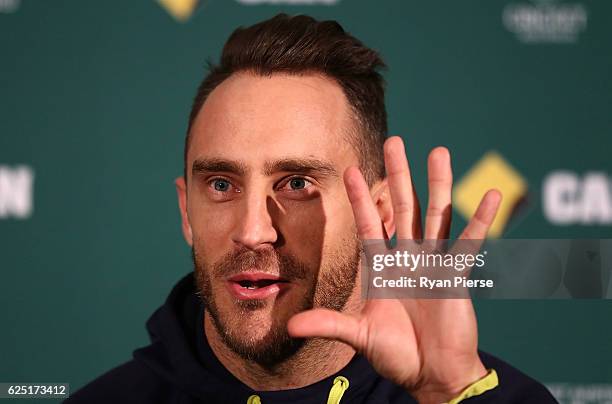 Faf du Plessis of South Africa speaks during a press conference before a South Africa training session at Adelaide Oval on November 23, 2016 in...