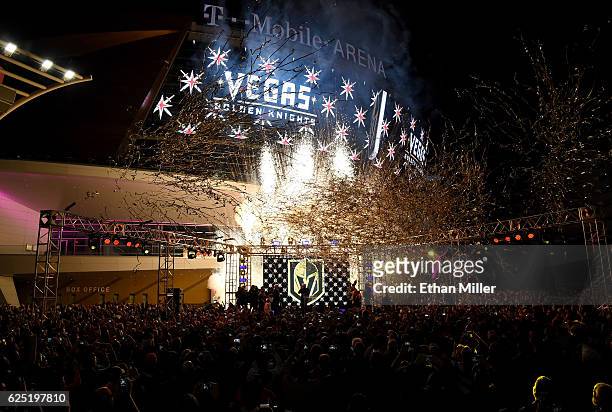 Pyrotechnics and streamers are fired into the air as the Vegas Golden Knights is announced as the name for the Las Vegas NHL franchise at T-Mobile...