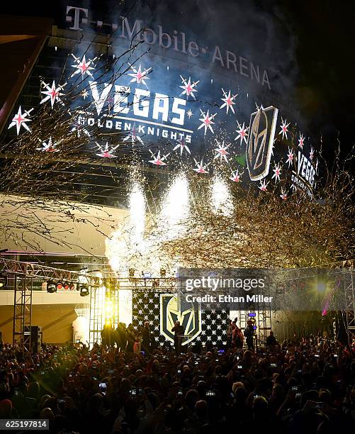 Pyrotechnics and streamers are fired into the air as the Vegas Golden Knights is announced as the name for the Las Vegas NHL franchise at T-Mobile...