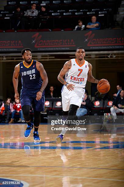 Devondrick Walker of the Westchester Knicks dribbles the basketball against Ramon Harris of the Iowa Energy at the Westchester County Center on...