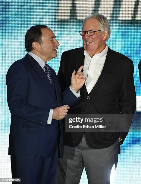 Commissioner Gary Bettman and majority owner Bill Foley talk before the Vegas Golden Knights was announced as the name for Foley's Las Vegas NHL...