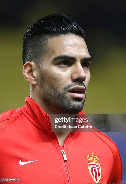 Radamel Falcao of Monaco looks on before the UEFA Champions League match between AS Monaco FC and Tottenham Hotspur FC at Stade Louis II on November...