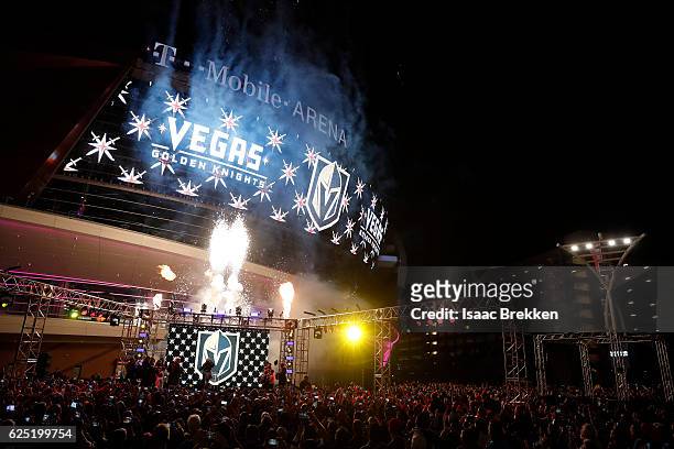 The NHL unveils the new logo and name for the Vegas Golden Knights in Toshiba Plaza at T-Mobile Arena November 22, 2016 in Las Vegas, Nevada. The...