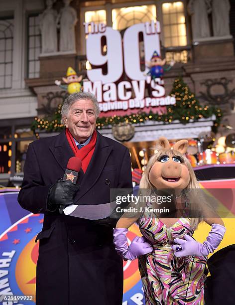 Singer Tony Bennett and Miss Piggy attend the 90th Anniversary Macy's Thanksgiving Day Parade Rehearsals - Day 2 at Macy's Herald Square on November...