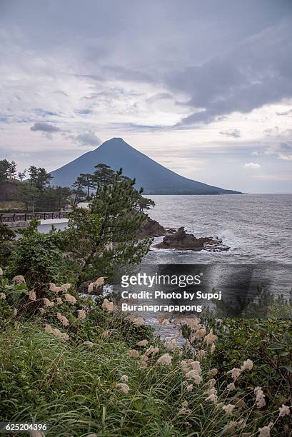 kaimondake volcano view form the road way to sakurajima - kagoshima prefecture fotografías e imágenes de stock