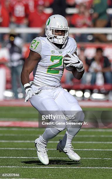Running back Royce Freeman of the Oregon Ducks runs with the ball against the Utah Utes during their game at Rice-Eccles Stadium on November 19, 2016...