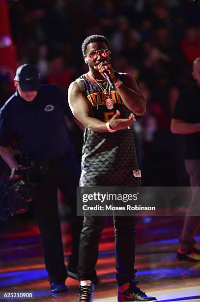 Recording artist Gucci Mane performs halftime at the New Orleans Pelicans vs Atlanta Hawks Game at Philips Arena on November 22, 2016 in Atlanta,...