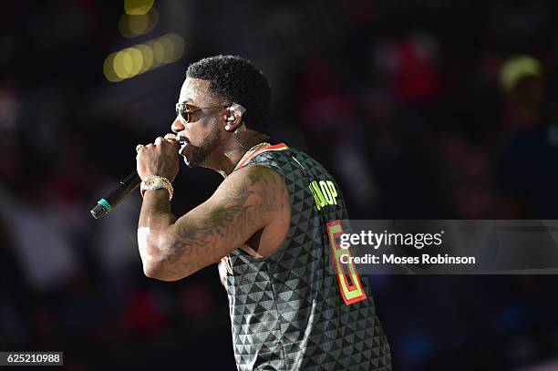 Recording artist Gucci Mane performs halftime at the New Orleans Pelicans vs Atlanta Hawks Game at Philips Arena on November 22, 2016 in Atlanta,...