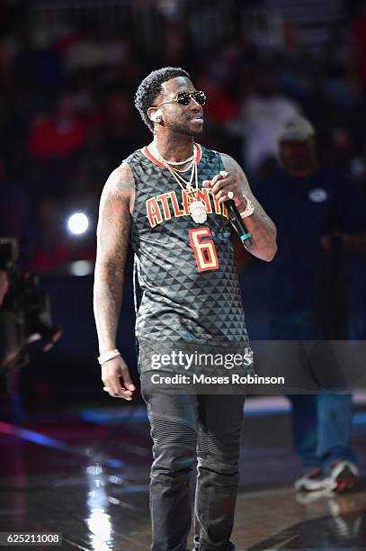 Recording artist Gucci Mane performs halftime at the New Orleans Pelicans vs Atlanta Hawks Game at Philips Arena on November 22, 2016 in Atlanta,...