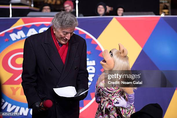 Singer Tony Bennett and Miss Piggy perform at the 90th anniversary Macy's Thanksgiving day parade rehearsals at Macy's Herald Square on November 22,...