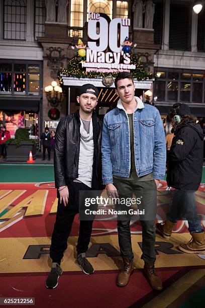 Rob Resnick and Cal Shapiro of Timeflies attend the 90th anniversary Macy's Thanksgiving day parade rehearsals at Macy's Herald Square on November...