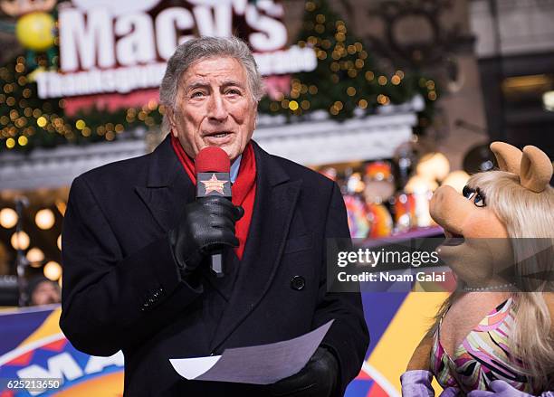 Singer Tony Bennett and Miss Piggy perform at the 90th anniversary Macy's Thanksgiving day parade rehearsals at Macy's Herald Square on November 22,...