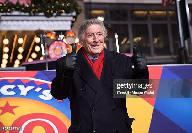 Singer Tony Bennett attends the 90th anniversary Macy's Thanksgiving day parade rehearsals at Macy's Herald Square on November 22, 2016 in New York...