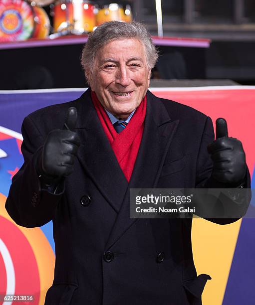 Singer Tony Bennett attends the 90th anniversary Macy's Thanksgiving day parade rehearsals at Macy's Herald Square on November 22, 2016 in New York...
