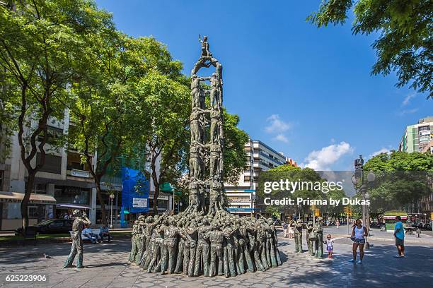Spain, Catalonia, Tarragona City, Ramblas Avenue, Castellers Monument.