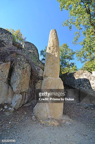 Prehistoric Menhir many thousands of years old, used for religious rites, surrounded by a sacred grove of oak trees and granite boulders. Taken in...
