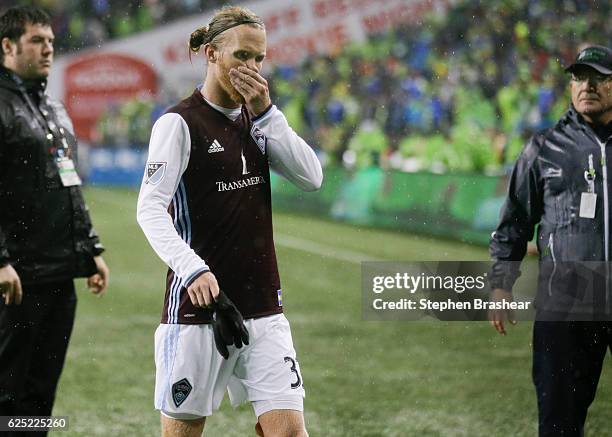 Jared Watts of the Colorado Rapids walks off the field after a match in the first leg of the Western Conference Finals against the Seattle Sounders...