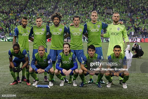 The Seattle Sounders Starting XI pose for a photo before the first leg of the Western Conference Finals against the Colorado Rapids at CenturyLink...