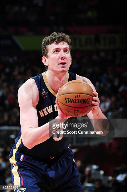 Omer Asik of the New Orleans Pelicans shoots a free throw against the Atlanta Hawks during the game on November 22, 2016 at Philips Arena in Atlanta,...