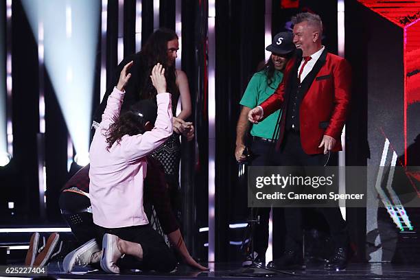 Violent Soho accept the ARIA for Best Hard Rock/Heavy Metal from Jimmy Barnes during the 30th Annual ARIA Awards 2016 at The Star on November 23,...