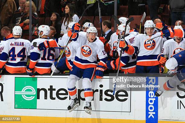Ryan Strome of the New York Islanders jumps off the bench to celebrate a shootout win against the Anaheim Ducks on November 22, 2016 at Honda Center...