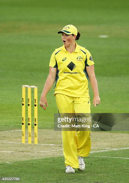 Grace Harris of Australia celebrates taking the wicket of Dinesha Devnarain of South Africa during the women's One Day International match between...