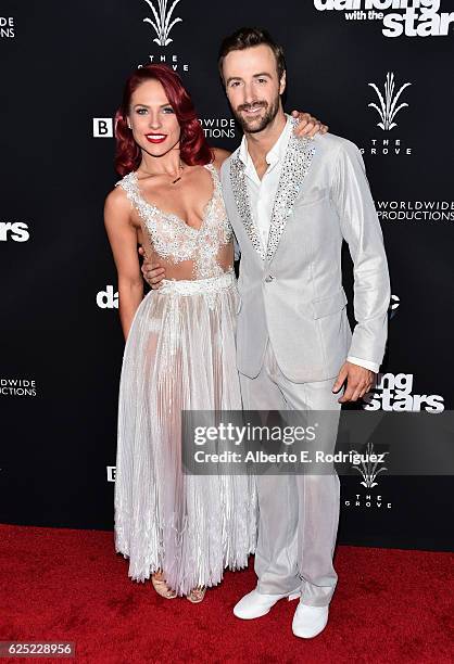 Professional dancer Sharna Burgess and professional race car driver James Hinchcliffe attends ABC's "Dancing With The Stars" Season 23 Finale at The...