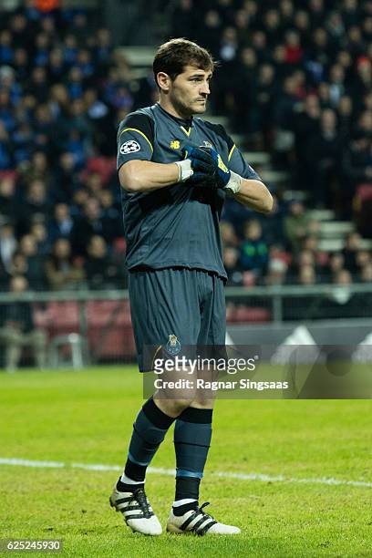 Iker Casillas of FC Porto looks on during the UEFA Champions League group stage match between FC Copenhagen and FC Porto at Parken Stadium on...