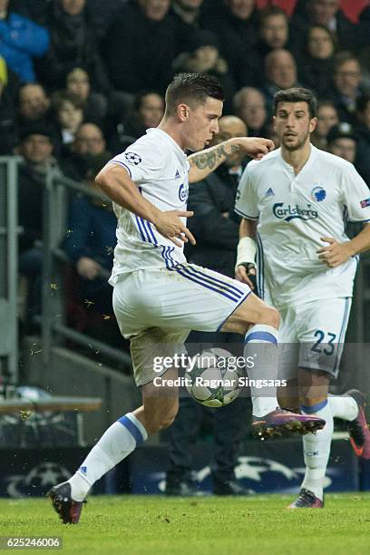 Benjamin Verbic of FC Copenhagen controls the ball during the UEFA Champions League group stage match between FC Copenhagen and FC Porto at Parken...