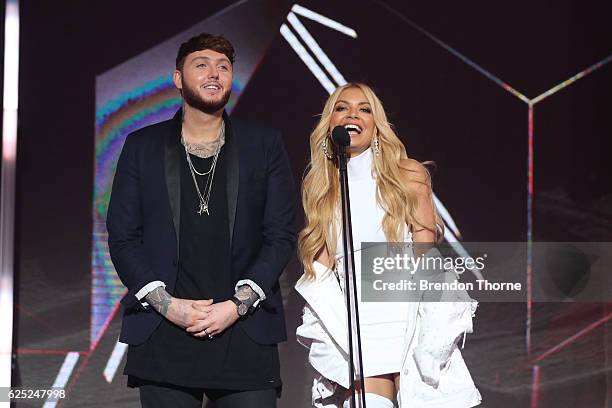 James Arthur and Havana Brown present on stage during the 30th Annual ARIA Awards 2016 at The Star on November 23, 2016 in Sydney, Australia.