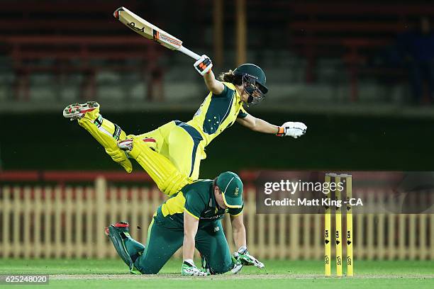 Nicole Bolton of Australia collides with South African wicketkeeper Lizelle Lee during the women's One Day International match between the Australian...
