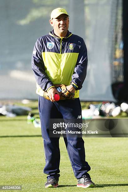 South African coach Russell Domingo looks on during a South Africa training session at Adelaide Oval on November 23, 2016 in Adelaide, Australia.