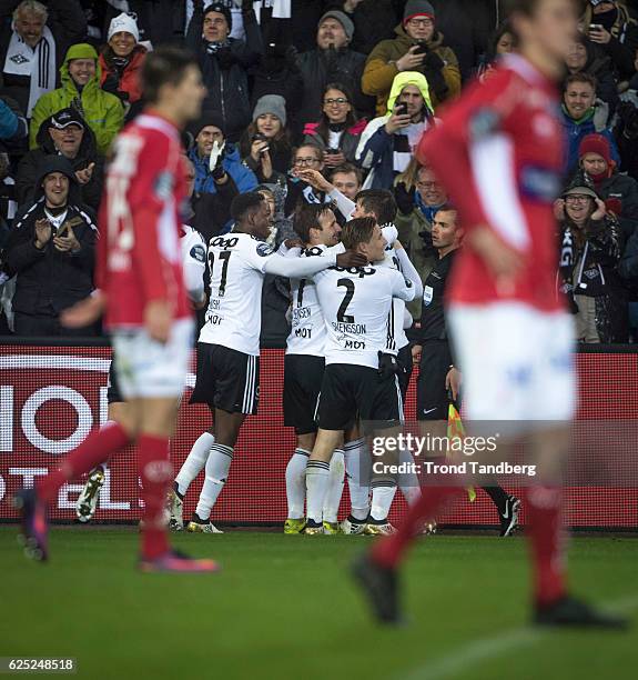 Paal Andre Helland, Mushaga Bakenga, Mike Jensen, Jonas Svensson of Rosenborg celebrates goal during Norwegian Cup Final Kongsvinger v Rosenborg at...