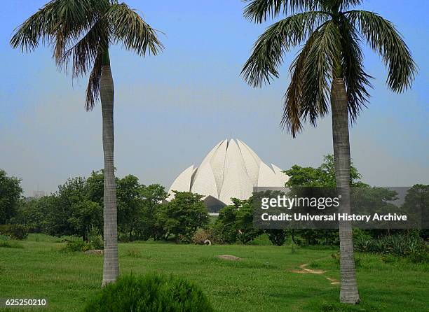 Exterior view of the Lotus Temple, a Baha'i House of Worship, in New Delhi, designed by Fariborz Sahba an Iranian-American Baha'i architect.