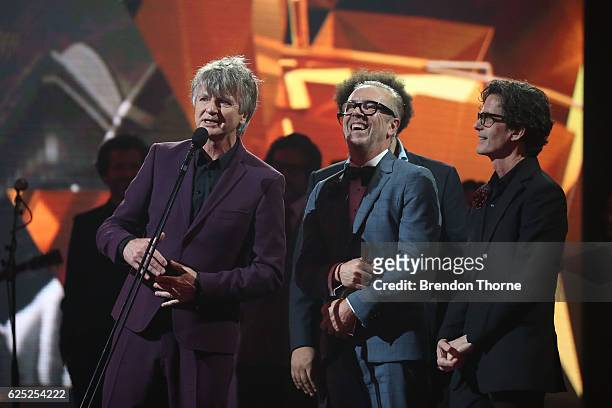 Crowded House accept the ARIA Hallf of Fame Induction during the 30th Annual ARIA Awards 2016 at The Star on November 23, 2016 in Sydney, Australia.