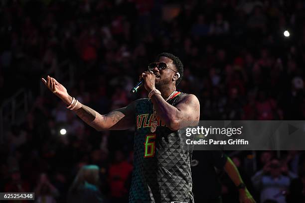 Rapper Gucci Mane performs at Hawks Tip Off the Holidays with Gucci Mane at Philips Arena on November 22, 2016 in Atlanta, Georgia.