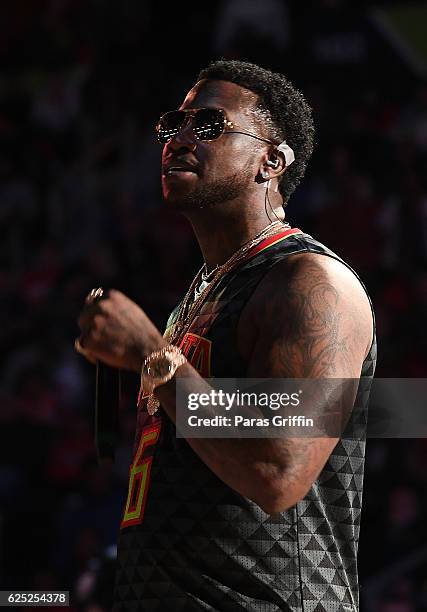 Rapper Gucci Mane performs at Hawks Tip Off the Holidays with Gucci Mane at Philips Arena on November 22, 2016 in Atlanta, Georgia.