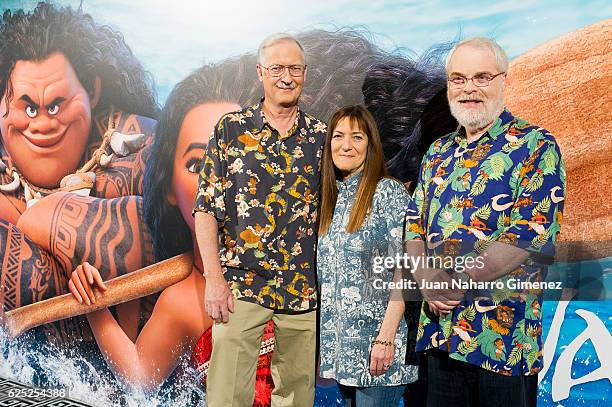 John Musker, Osnat Shurer and Ron Cements attend 'Vaiana' photocall at Santo Mauro Hotel on November 23, 2016 in Madrid, Spain.