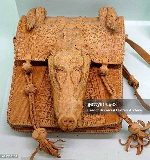Handbag made from the skin of a dwarf crocodile from West Africa. Dated 20th Century.