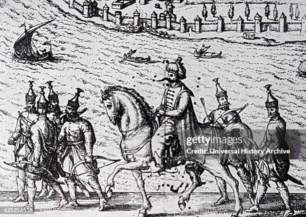 Illustration depicting a sultan with Janissaries. Janissaries were elite infantry units that formed the Ottoman Sultan's household troops and...