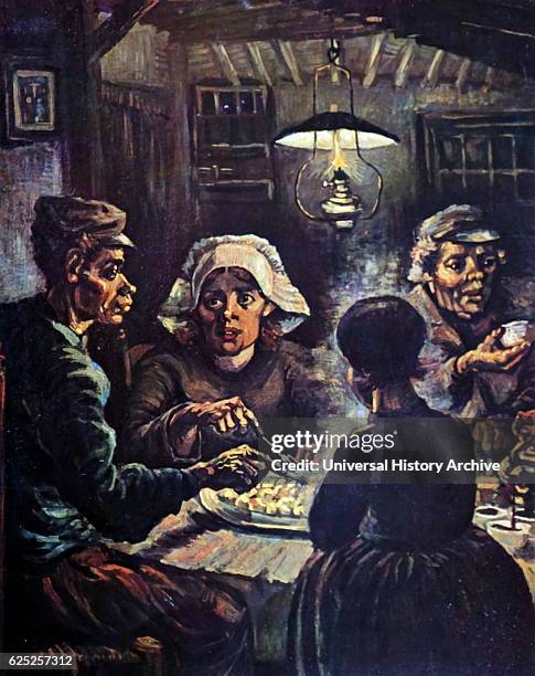 Painting titled 'The Potato Eaters' by Vincent Van Gogh a Dutch Post-Impressionist painter. Dated 19th Century.